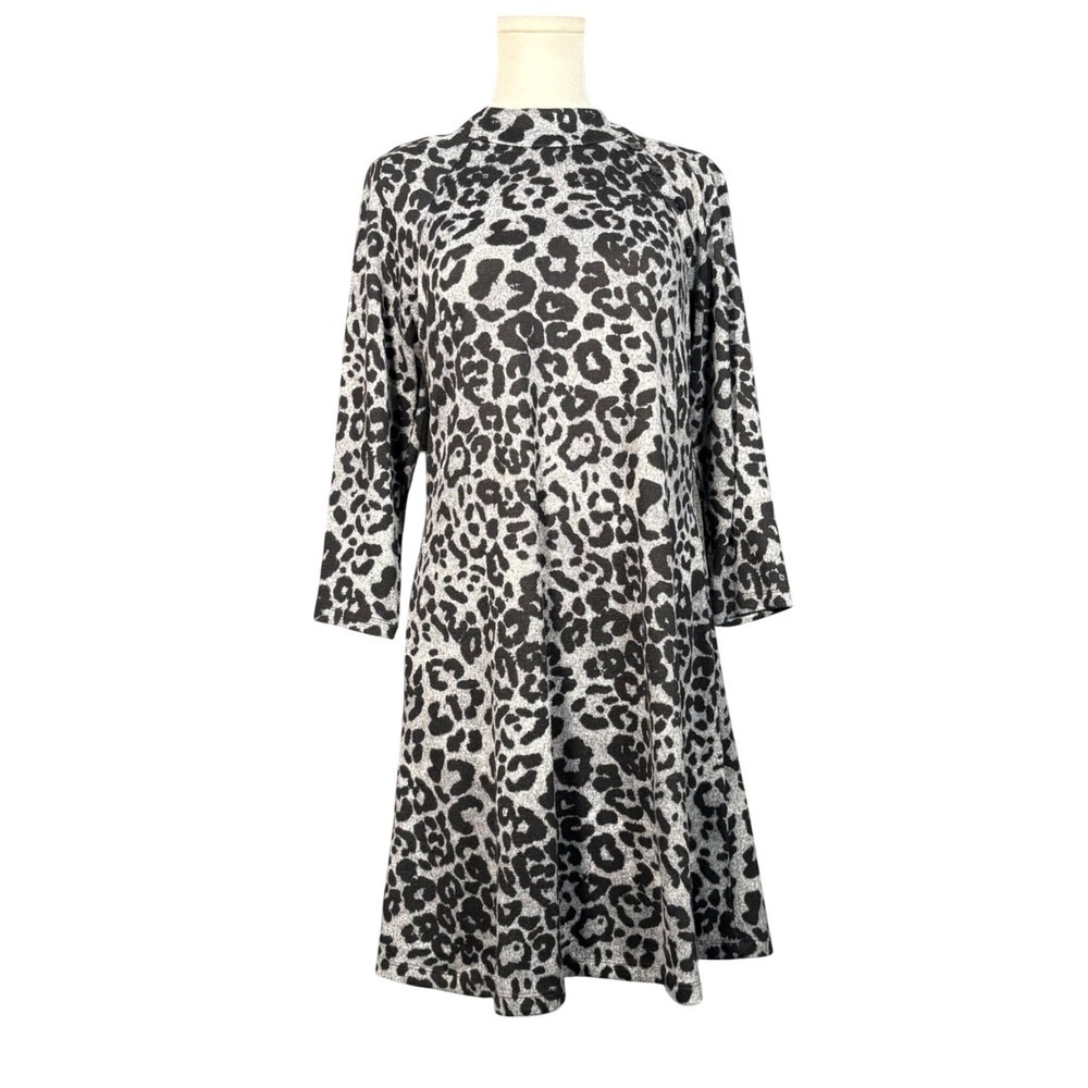 Jessica Howard Womens Grey Leopard Print Mock Neck A-Line Dress Small